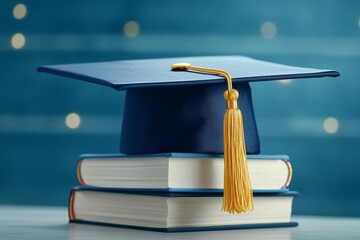 Poster - A close-up of a graduation cap with a golden tassel, resting on a stack of books, surrounded by soft sunlight streaming through a window