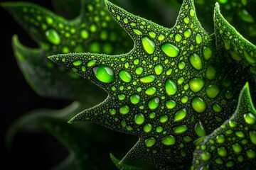 Poster - A close-up of a green leaf with intricate veins, covered in tiny water droplets reflecting soft light