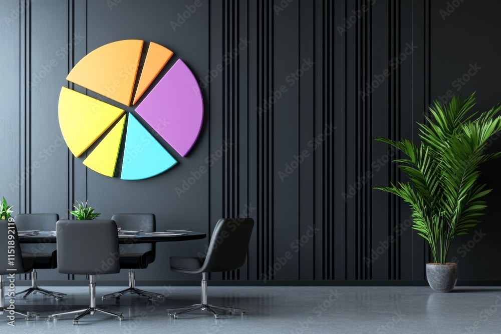 A colorful 3D pie chart on a presentation slide, surrounded by data ...