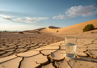 Desert landscape with glass of water and sand dunes, mirage concept, clear blue sky