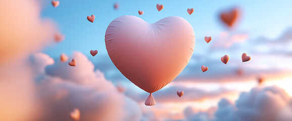 Wall Mural - pink heart shaped balloon floats among fluffy clouds, creating dreamy atmosphere. scene evokes feelings of love and joy, perfect for romantic themes