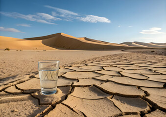 Desert landscape with glass of water and sand dunes, mirage concept, clear blue sky