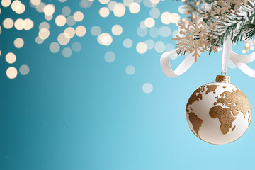 Wall Mural - beautiful Christmas ornament featuring globe design hangs from snowy branch, surrounded by soft bokeh lights. This festive decoration adds touch of elegance to holiday celebrations