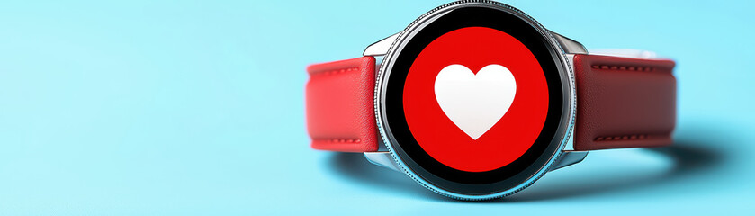 Poster - close up of wearable health tracker displaying heart symbol on blue background, showcasing modern technology and health monitoring