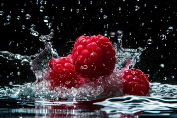 Poster - Ripe raspberries creating a splash as they fall into water against a dark backdrop