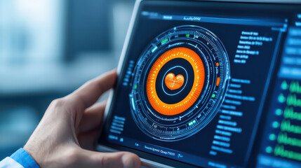 Poster - close up of hand interacting with digital display showing heart metrics and real time data analysis, conveying sense of innovation and health
