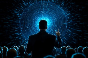 Poster - A futuristic 3D illustration of a guide teaching a group of astronauts in a high-tech space station, pointing at a holographic star map