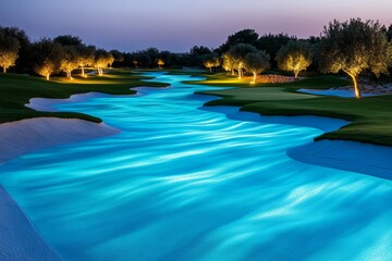 Poster - A futuristic golf course floating in the air, with holographic fairways, glowing hazards, and digital displays integrated into the greens