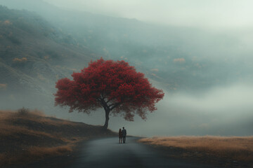 A tree with red leaves stands on the road, foggy mountains in the background, a couple standing under it. 