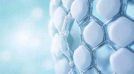 Poster - A close-up of a hexagonal molecular structure, showcasing interconnected particles against a soft blue background, representing scientific concepts in chemistry or materials science.