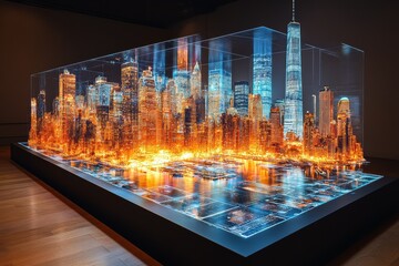 Poster - Giant hologram of a futuristic city displayed in an exhibition space at night