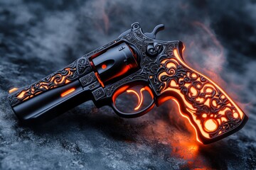 Poster - A gothic pistol with intricate carvings and glowing red accents, set on a dark, misty surface surrounded by ominous shadows