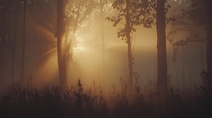 Wall Mural - Sunbeams pierce through a misty forest scene