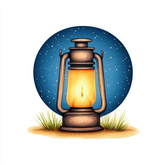 Wall Mural - vintage lantern glowing warmly against starry night backdrop, surrounded by grass