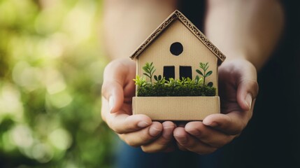 Poster - Two hands delicately hold a small cardboard house surrounded by greenery, symbolizing eco-friendly living.