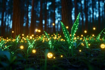 Poster - A magical forest filled with glowing green plants and floating orbs of light, creating an enchanting atmosphere of mystery and wonder