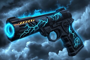 Poster - A magical gun adorned with glowing runes and ethereal energy, set against a mystical landscape with floating islands