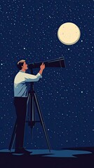 Man observes the night sky with a telescope