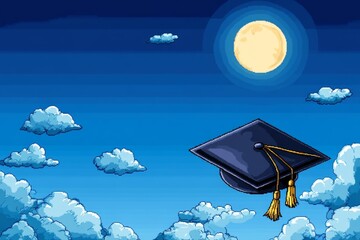 Poster - A pixel art representation of a graduation cap with a golden tassel, animated to sway gently, set against a bright blue sky with pixelated clouds