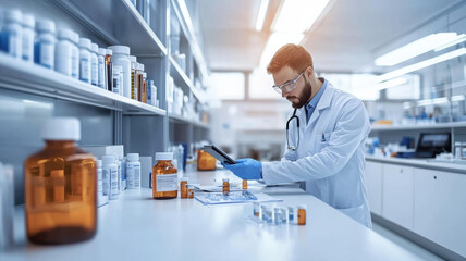 Poster - Laboratory with pharmacist analyzing medication and preparing prescriptions