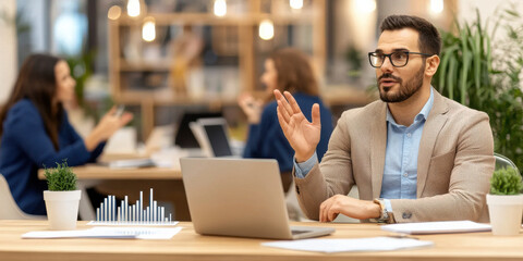 Poster - Modern workspace with business professional discussing ideas