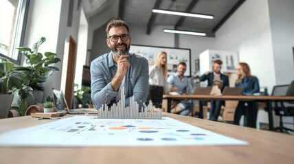Poster - Professional man smiling while presenting business expansion plans in office