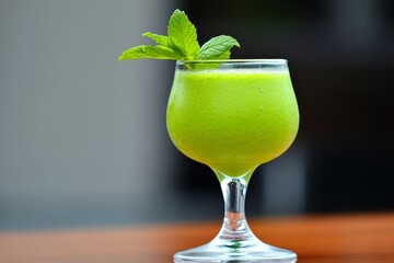 Aufkleber - A refreshing green smoothie in a clear glass, garnished with mint leaves, placed on a wooden table with natural light