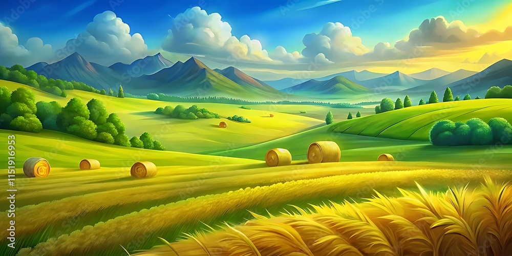 Golden Wheat Field with Hay Bales and Rolling Mountains Under a Clear ...