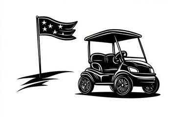 Poster - A sleek icon-like design of a golf cart and a flag, with simple shapes and a monochromatic color palette for a modern feel