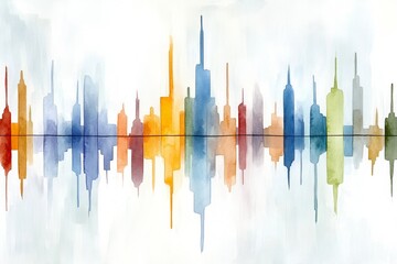 Poster - A soft watercolor painting of a graph with colorful bars and a rising arrow, blending seamlessly into a dreamy abstract background