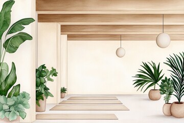Poster - A soft watercolor painting of a serene yoga studio in a gym, blending pastel hues of mats, light, and greenery for a calming atmosphere
