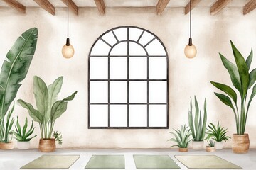 Poster - A soft watercolor painting of a serene yoga studio in a gym, blending pastel hues of mats, light, and greenery for a calming atmosphere