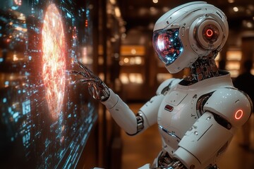 Poster - Robot interacts with holographic display in a futuristic environment at night