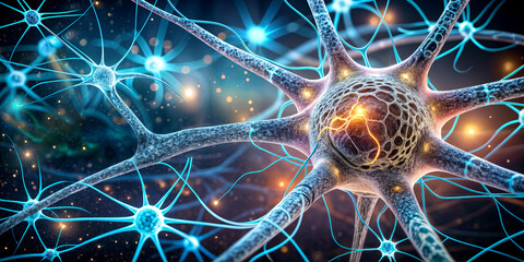 Poster - Intricate neurons are interconnected, showcasing their structure and function in a captivating and colorful digital representation, highlighting neural communication