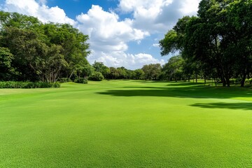 Leinwandbilder - A tranquil golf course set in a forest clearing, with tall trees creating dappled light across the fairways