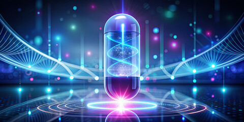 Poster - A vibrant capsule hovers over a glowing circular pedestal, surrounded by colorful lights and digital elements
