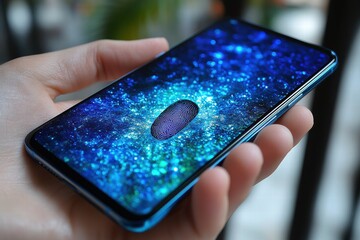 Poster - Smartphone screen displaying biometric fingerprint recognition on a vibrant galaxy background
