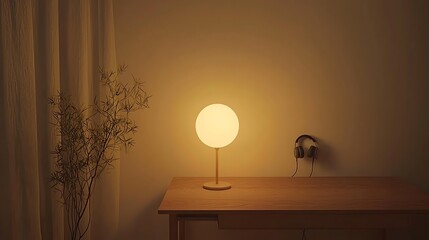 Poster - Illuminated Desk Scene with Lamp Headphones and Plant