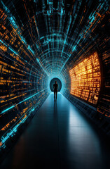 Poster - A silhouette stands at the edge of a vibrant, futuristic tunnel, illuminated with blue and orange light patterns, symbolizing the intersection of technology and human experience.