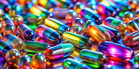Poster - A mesmerizing display of shiny capsules in a variety of colors reflects light, creating a rainbow effect across the surface. The scene captures a lively assortment of shapes and colors