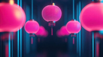 Poster - A vibrant display of pink lanterns glowing against a dark background, creating a festive and enchanting atmosphere.
