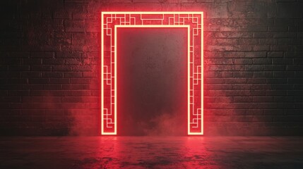 Poster - A glowing red neon door frame against a dark brick wall, creating a mysterious and futuristic atmosphere.