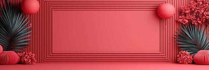 Poster - A vibrant, coral-themed background featuring textured stripes, decorative spheres, and lush foliage, perfect for creative design projects.