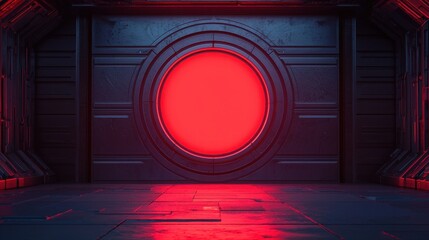 Aufkleber - A dark, futuristic corridor features a large red circular light, casting reflections on the floor, creating a mysterious and sci-fi atmosphere.