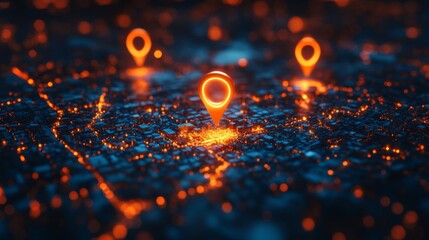 Fototapete - A detailed map showcases glowing location markers in an urban environment at night, highlighting landmarks and paths amid vibrant city lights.