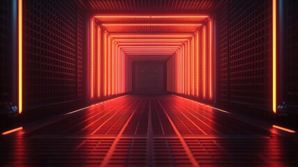 Poster - A neon-lit corridor with glowing orange accents creates a futuristic, immersive atmosphere.