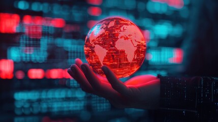 Poster - A futuristic hand holds a glowing globe, surrounded by digital data, symbolizing technology, globalization, and interconnectedness.