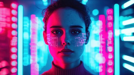 Poster - A woman stands confidently against a backdrop of vibrant, glowing lights, with digital patterns illuminating her face in a futuristic setting.