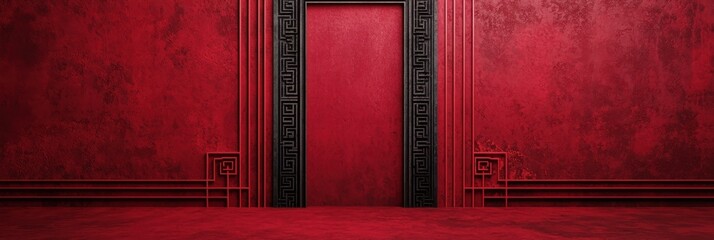 Poster - A striking red room featuring a prominent black-framed doorway, evoking a sense of mystery and depth.