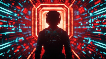 Poster - A futuristic silhouette stands in a vibrant, glowing tunnel, surrounded by a swirl of red and blue digital patterns, suggesting advanced technology.